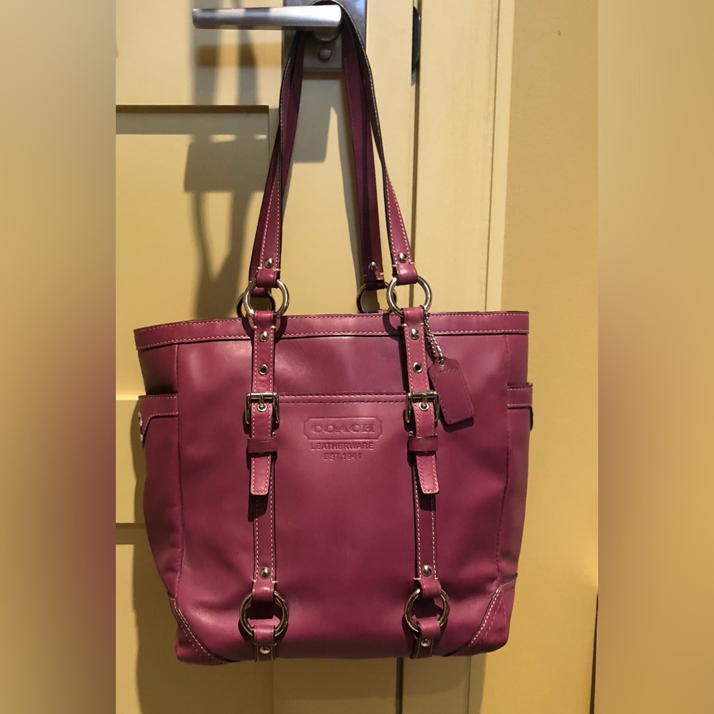 COACH Vintage Leather Satchel Tote Shoulder Bag Plum Purple Zipper Silver Rings